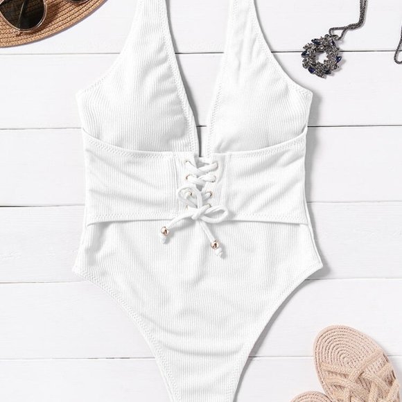 Solid Lace Up One-Piece Swimsuit - White L NEW - Picture 2 of 7